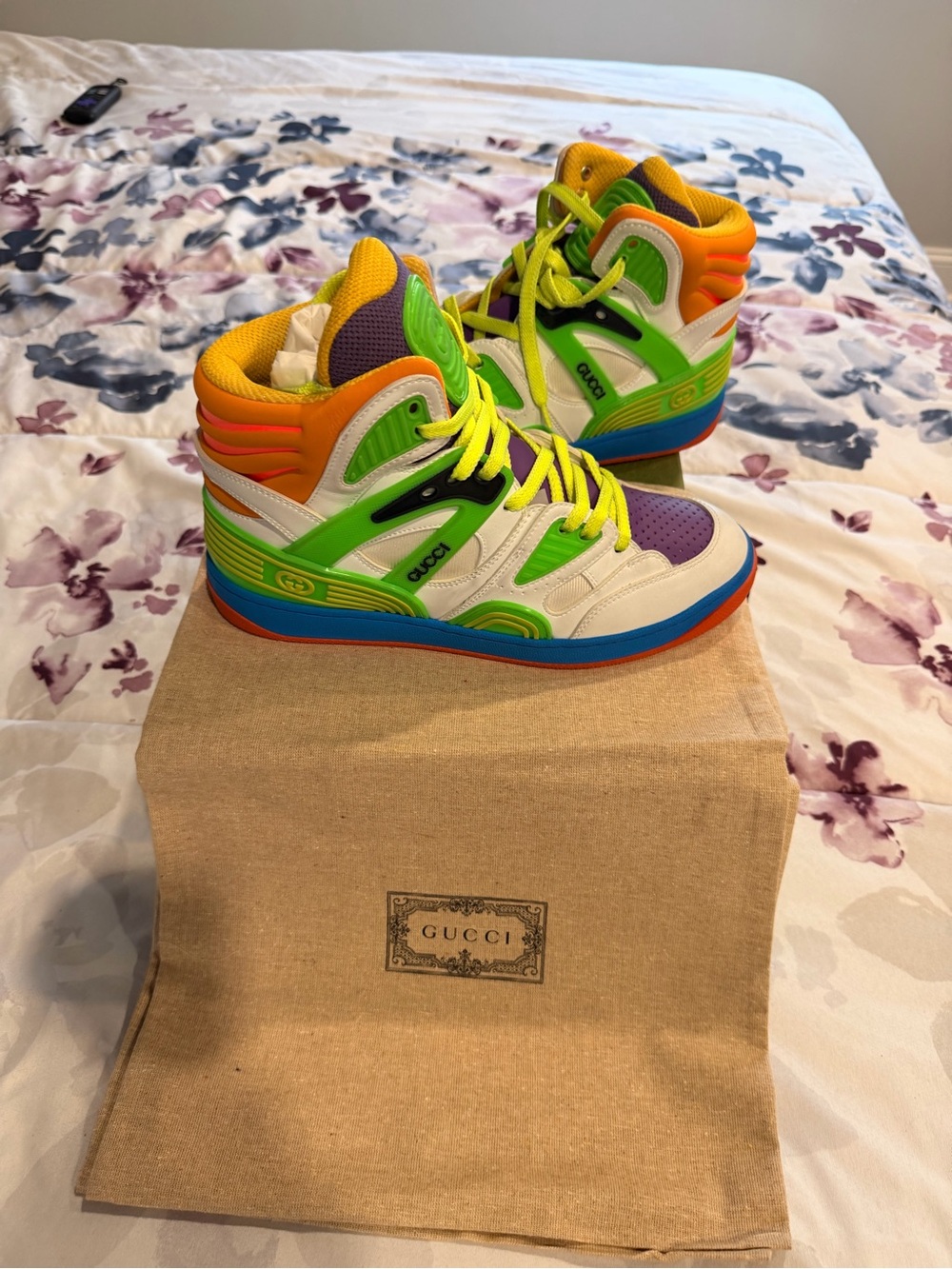 Auth Gucci Men High-Top Sneakers in White, Green, Orange, Yellow, Blue, Purple - Picture 3 of 6